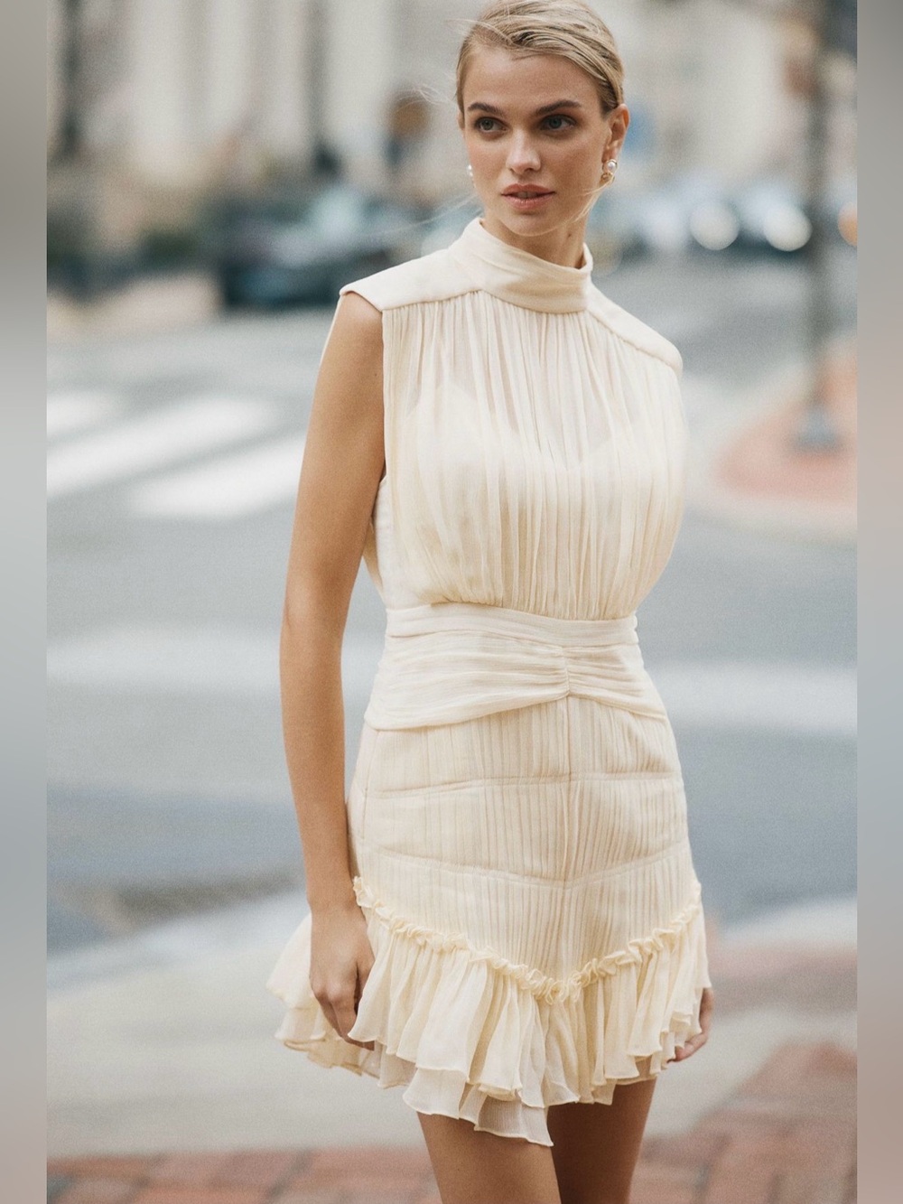 Shona Joy Ivory Pleated High-Neck Ruffle Mini Dress
